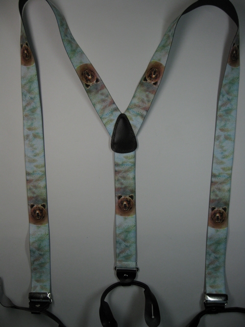 WILDLIFE BEAR Button On. 1 1/2"x 48" "Y" Style Leather Ends. Entirely Stretchable Hand Washable and Hang to Dry Cotton/Polyester Material. YB-PB130N48WLBR